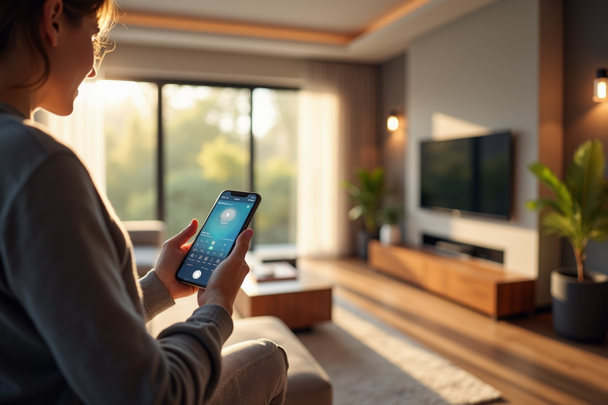 Salon moderne avec contrôle smart home par smartphone
