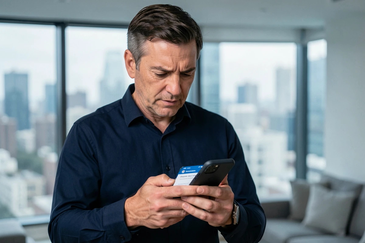 Homme sécurisant son compte MyFoncia sur smartphone dans un appartement moderne en ville