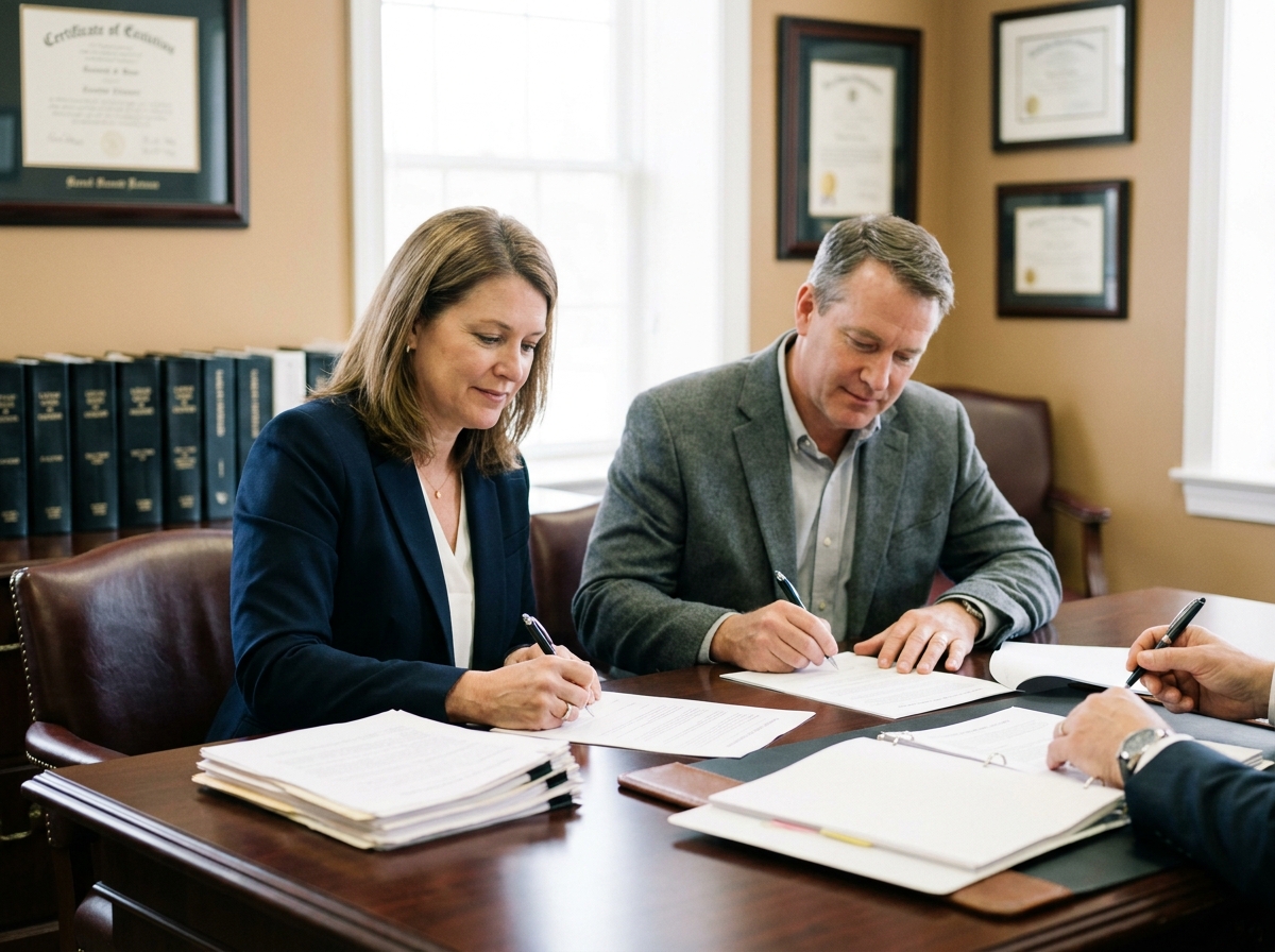 Signature d'un acte de copropriété immobilière en indivision chez le notaire entre deux propriétaires