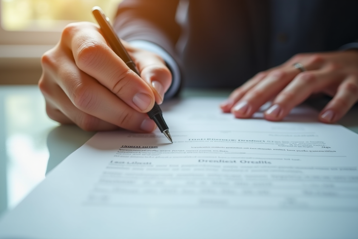 Main signant un document immobilier avec un stylo
