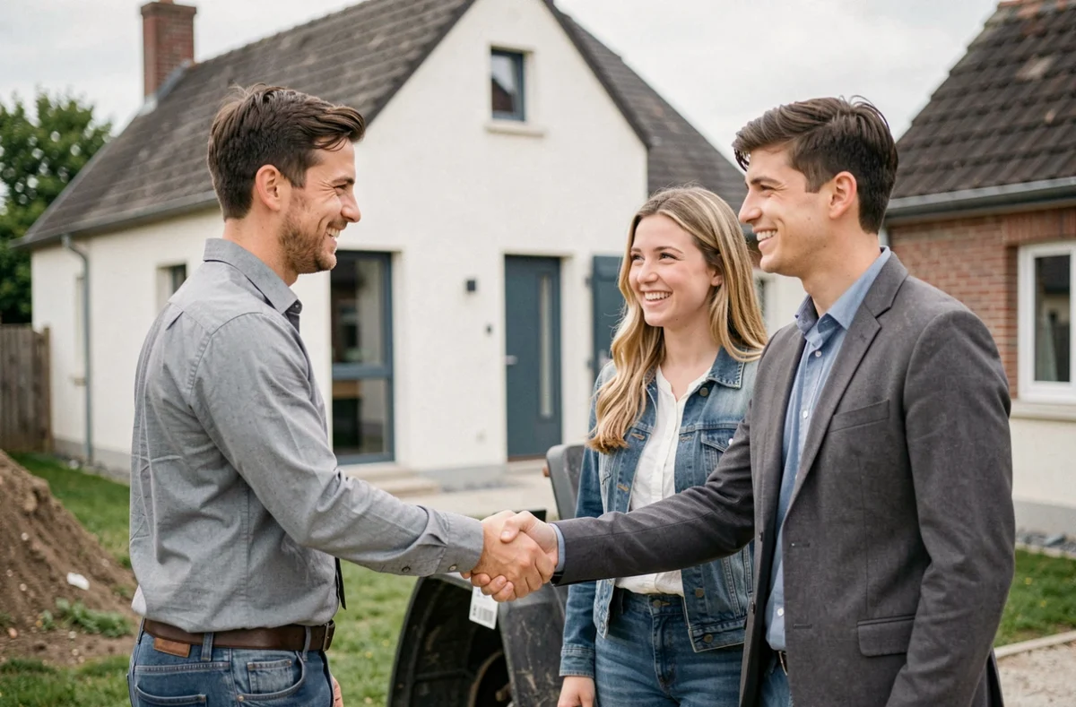 Conseiller Simon Habitat serrant la main d'un couple devant leur maison individuelle neuve en Indre-et-Loire