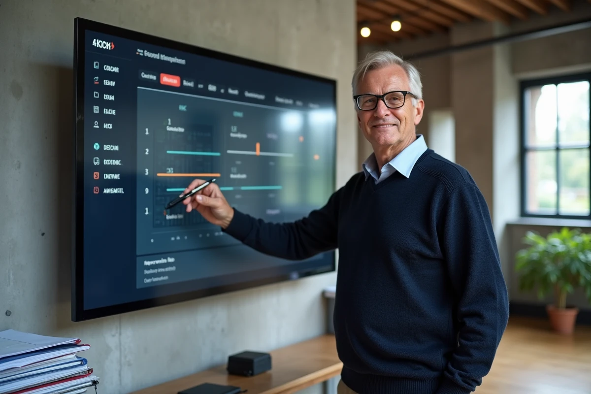 Propriétaire consultant un tableau de bord de gestion immobilière sur grand écran