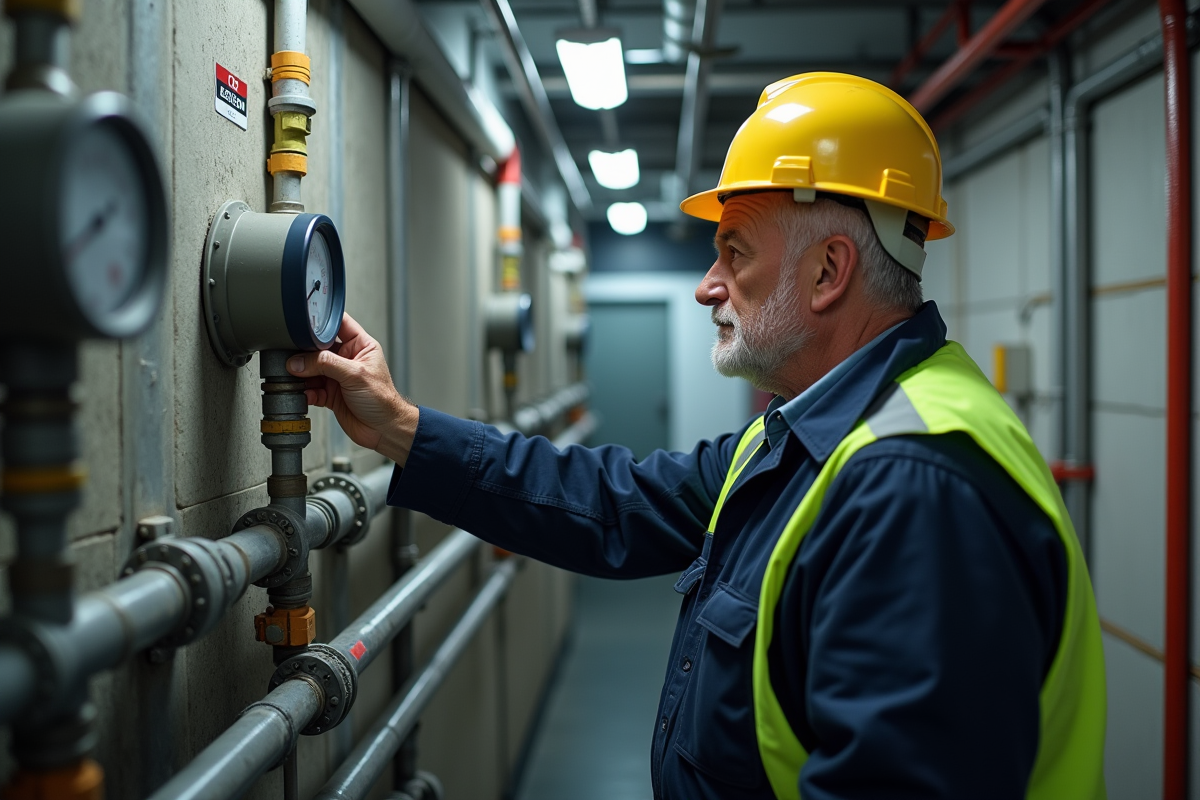 Technicien homme ajuste compteur dans chaufferie industrielle