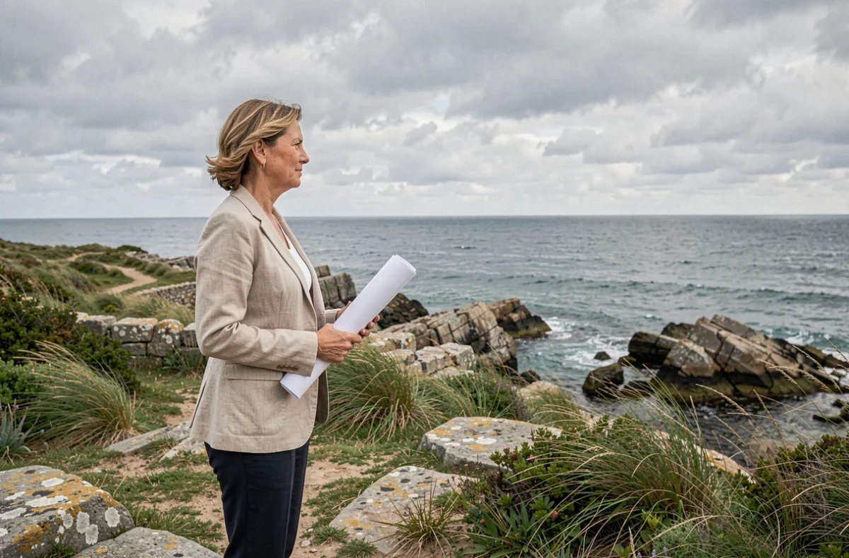 Femme tenant un plan architectural sur un terrain à vendre en bord de mer avec vue sur l'océan