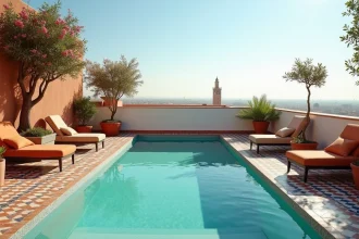 Terrasse avec piscine privée sur un rooftop de riad à Marrakech avec vue sur la médina
