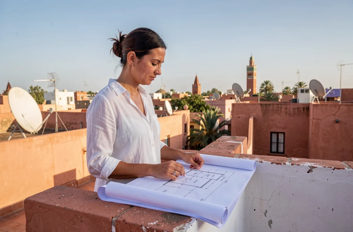Femme consultant des plans architecturaux sur une terrasse avec vue panoramique sur les toits de Marrakech