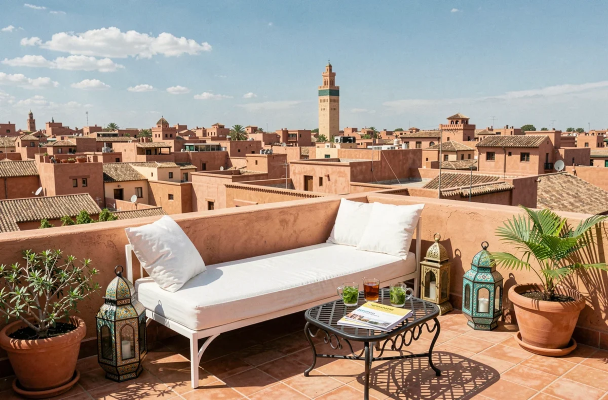 Terrasse d'un riad de Marrakech avec vue panoramique sur les toits de la médina et le minaret de la Koutoubia, décorée de lanternes et de plantes en pot