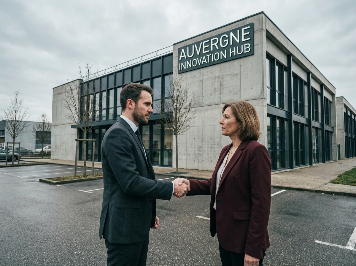 Deux professionnels concluant une transaction immobilière commerciale devant un bâtiment d'entreprise à Grenoble en Rhône-Alpes