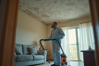 Homme en combinaison de protection aspirant poussiere au plafond