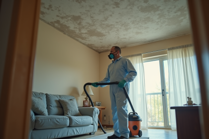 Homme en combinaison de protection aspirant poussiere au plafond