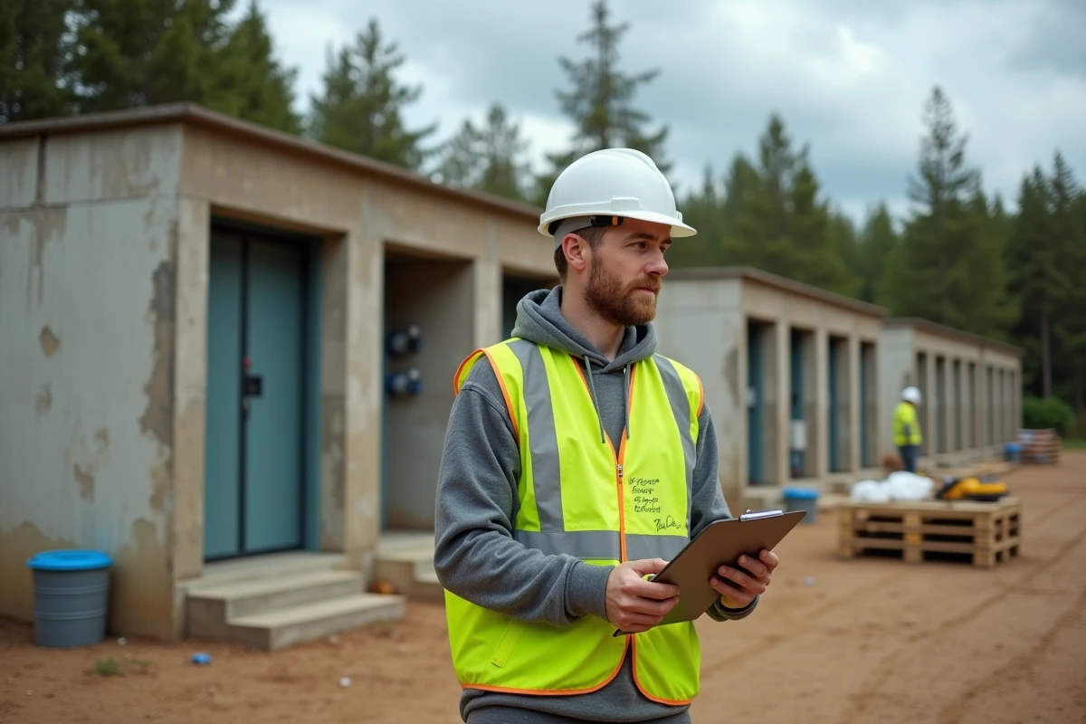 Chef de chantier inspectant les sanitaires vétustes d'un camping en cours de mise aux normes