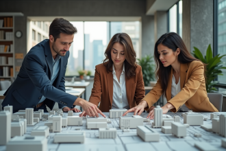 Urbaniste femme discutant d'un modele de ville avec collegues