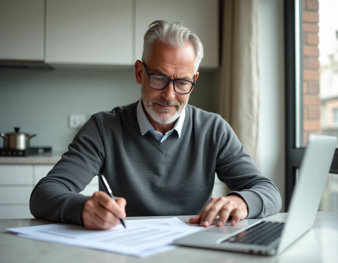 Vendeur immobilier analysant un contrat de vente avec honoraires d'agence à sa charge à domicile