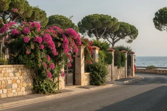 Mur d'enceinte de la Villa Leopolda sur la Côte d'Azur recouvert de bougainvillées, vue depuis la route publique