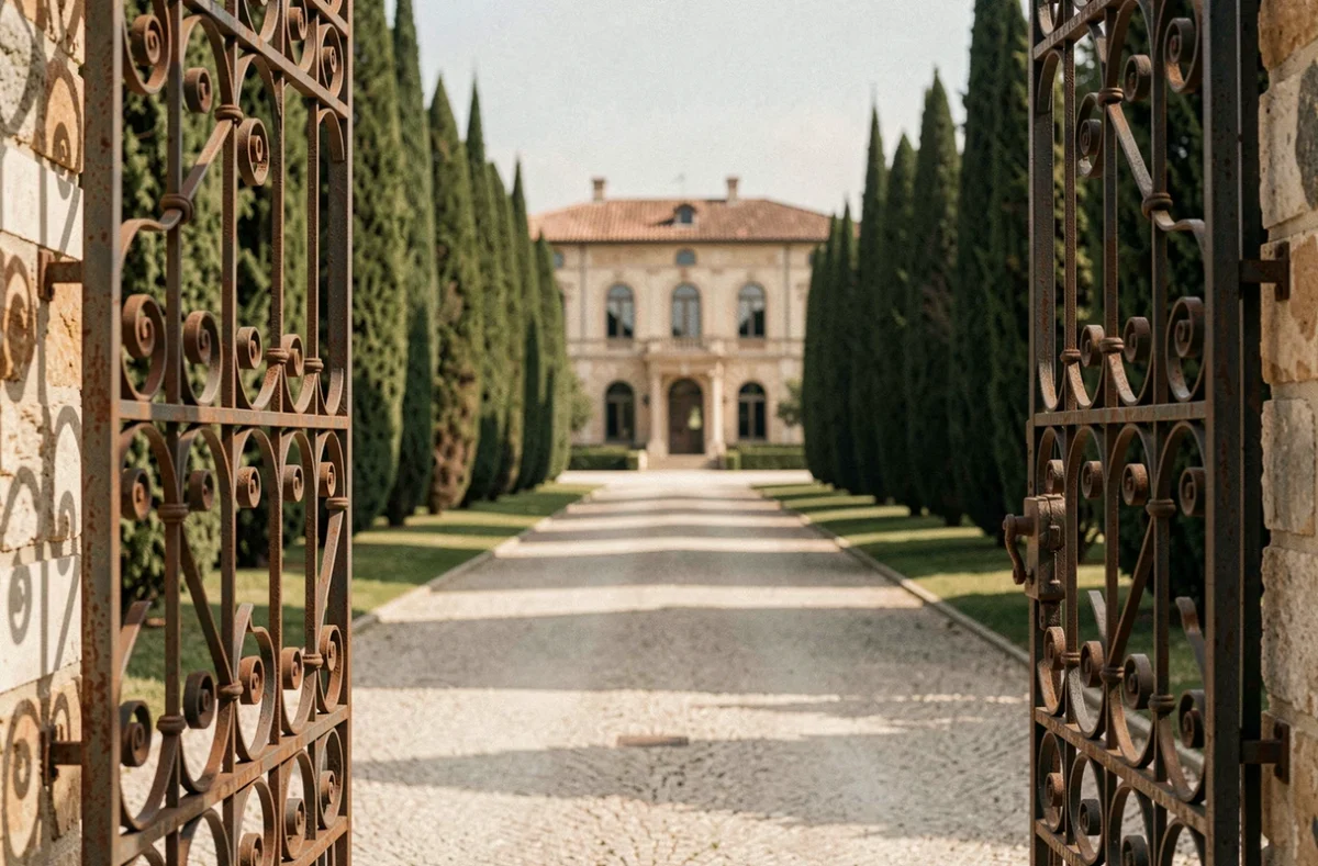 Portail en fer forgé de la Villa Leopolda avec allée de cyprès et façade Belle Époque visible en arrière-plan flou