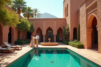 Couple inspectant une villa de luxe à Marrakech avec piscine carrelée en zellige et architecture mauresque traditionnelle