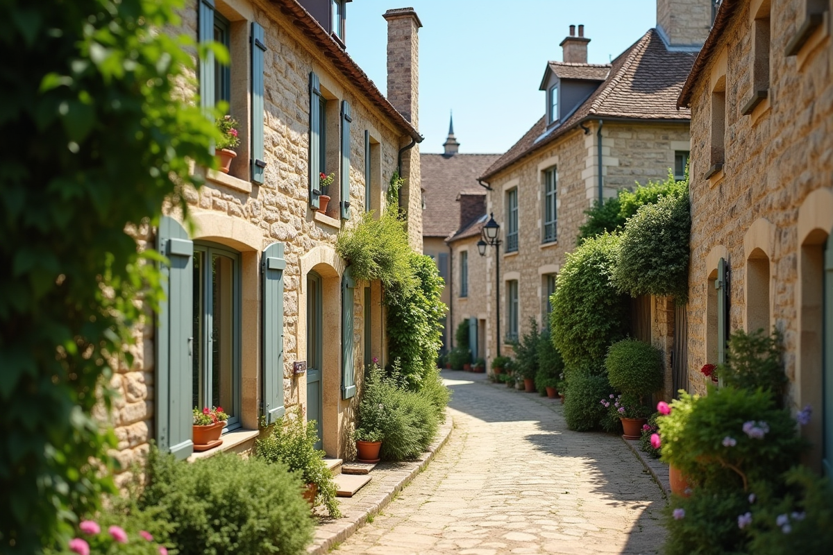 Village français avec maisons en pierre et panneau vente