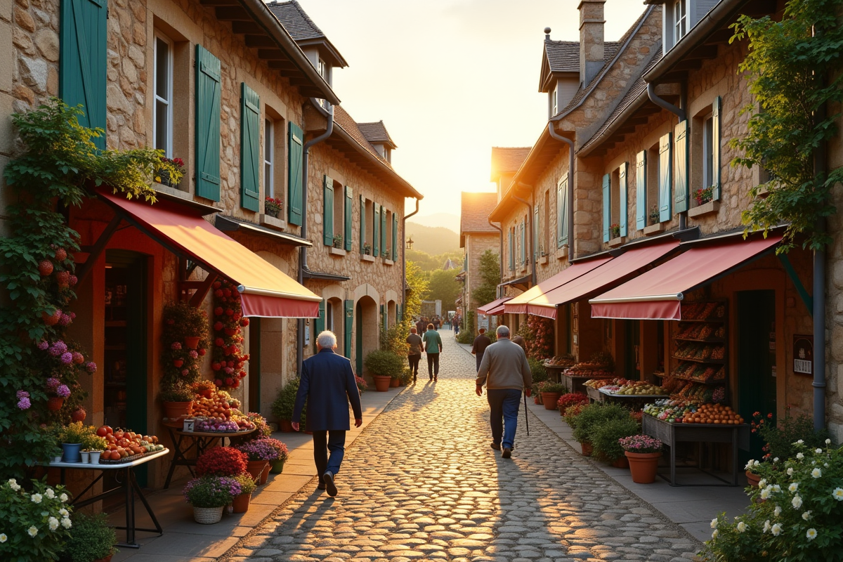 Charmant village français au lever du soleil avec marché