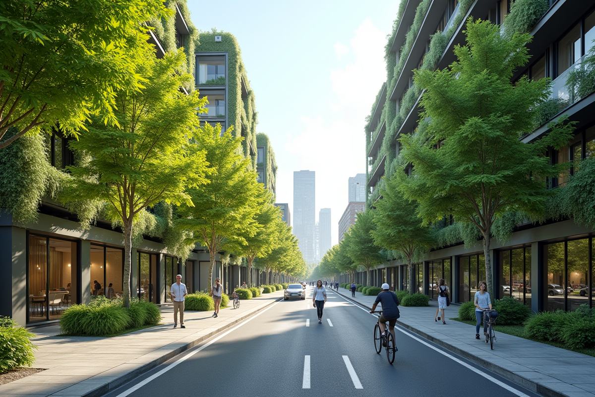 Rue urbaine écologique avec pistes cyclables larges et jardins verticaux
