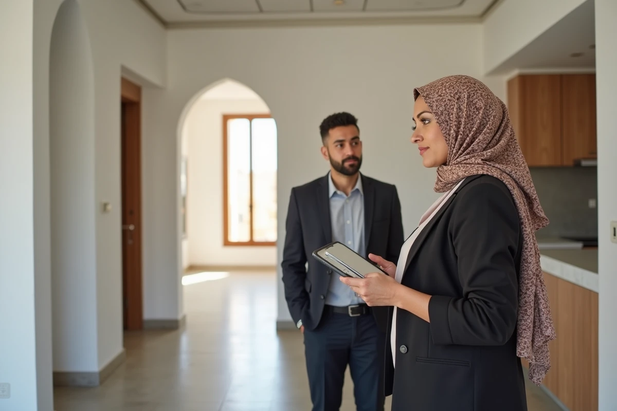 Agente immobilière présentant un appartement rénové à des investisseurs lors d'une visite à Agadir