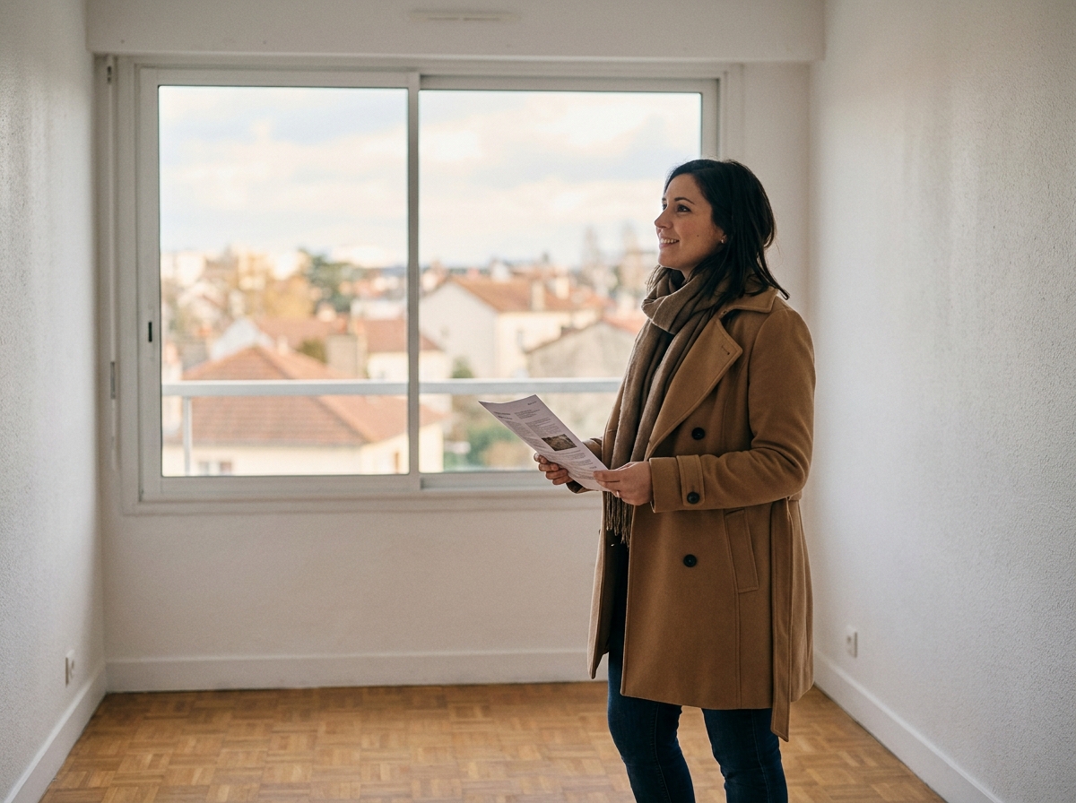 Jeune femme visitant un appartement vide à louer à Montrouge avec vue sur les toits parisiens