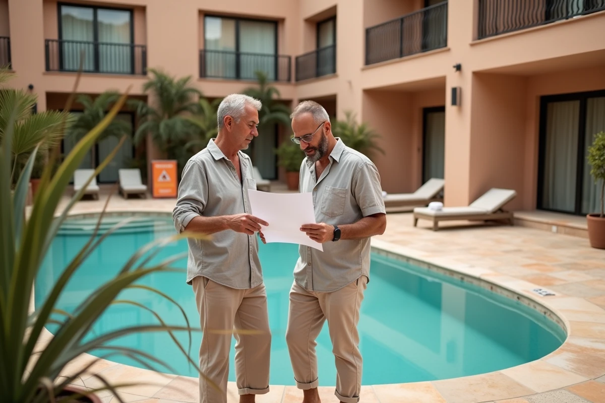 Couple inspectant la piscine commune d'une résidence à Marrakech lors d'une visite immobilière