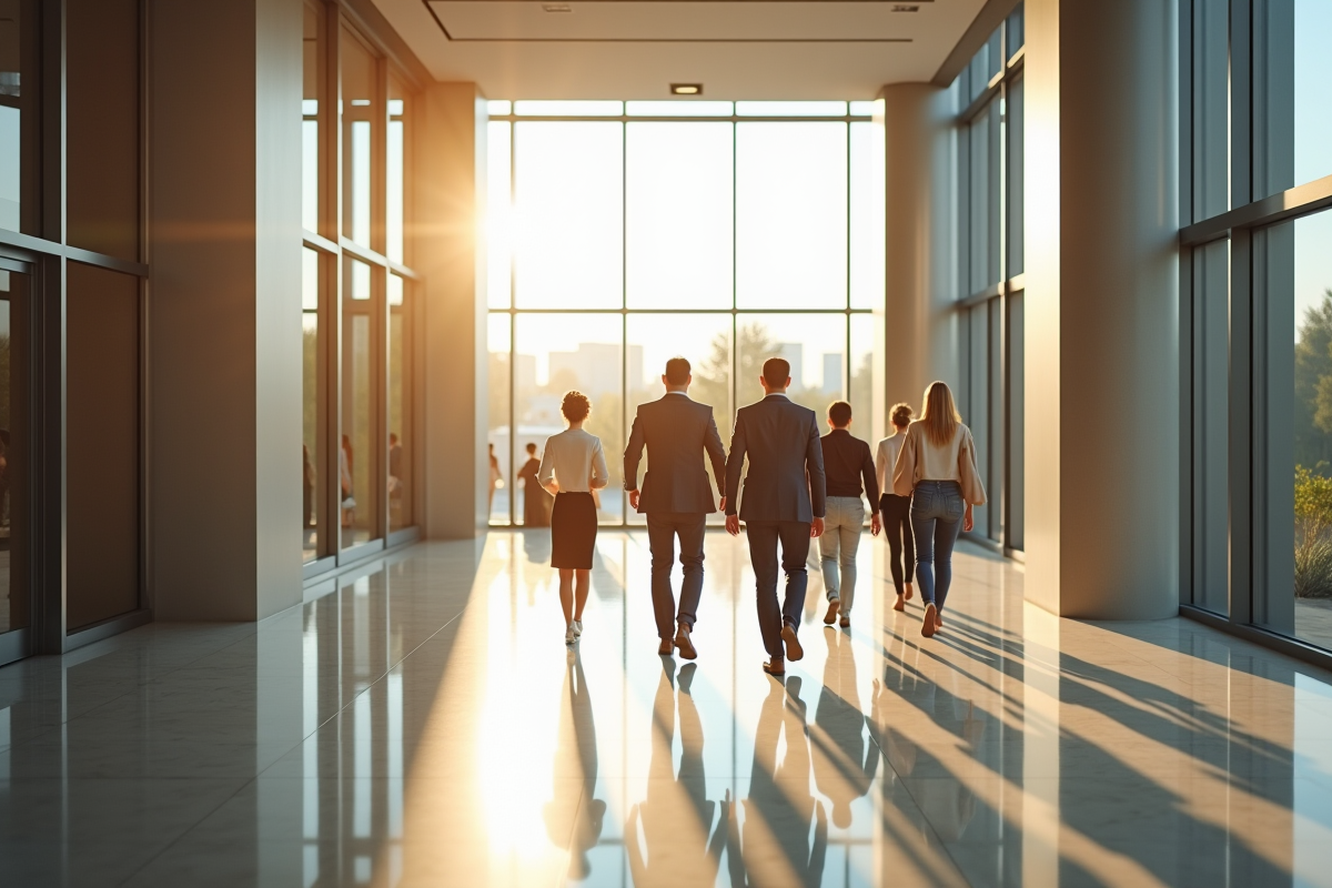 Groupe de personnes visitant un lobby de bâtiment commercial