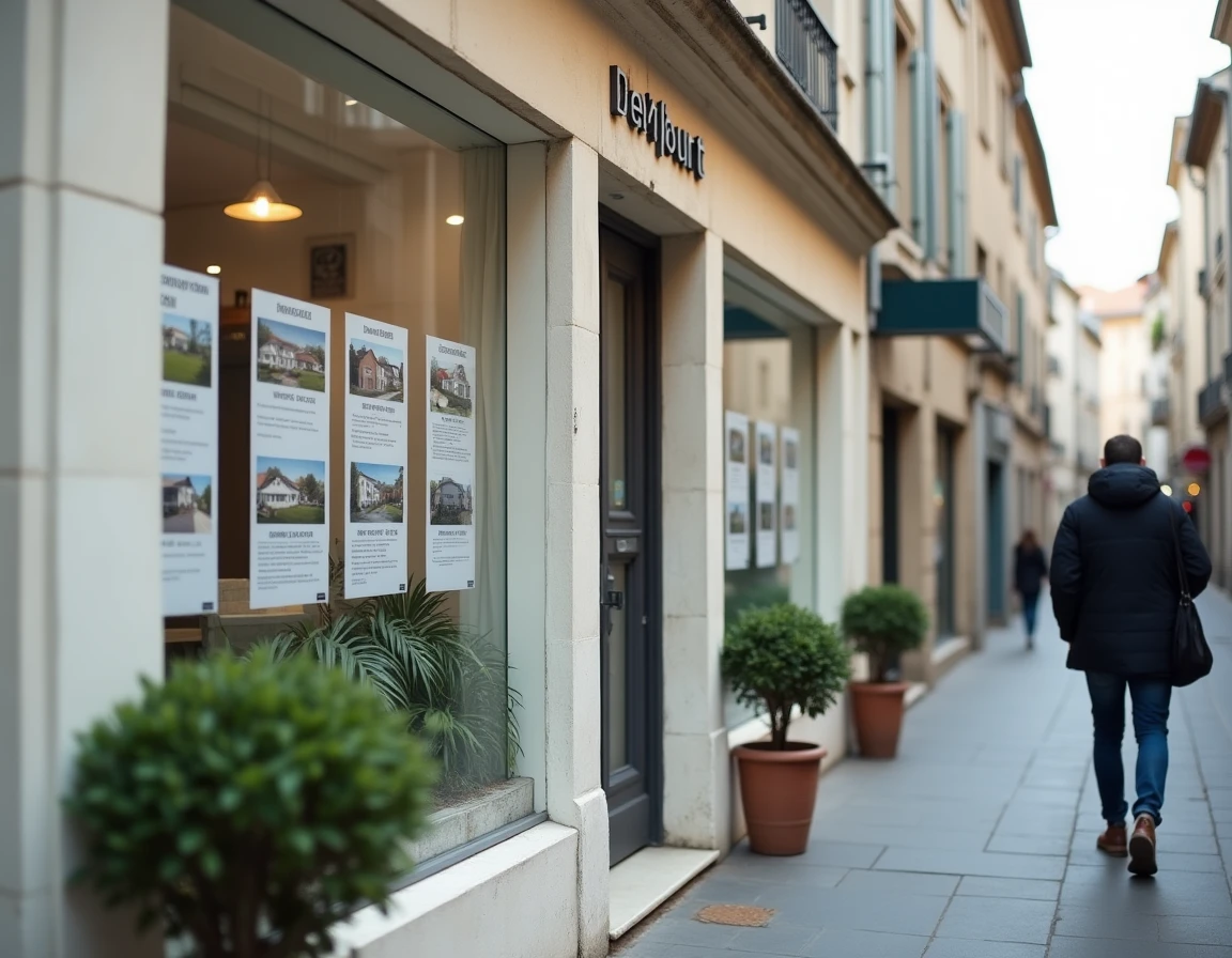 Vitrine d'agence immobilière française affichant des biens avec honoraires à la charge du vendeur en 2026