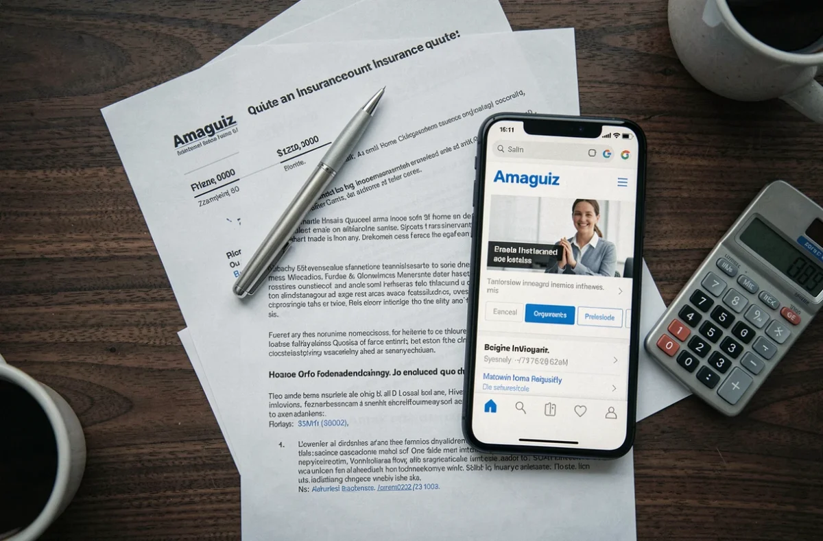 Vue de dessus de documents de devis assurance habitation, smartphone et calculatrice sur un bureau